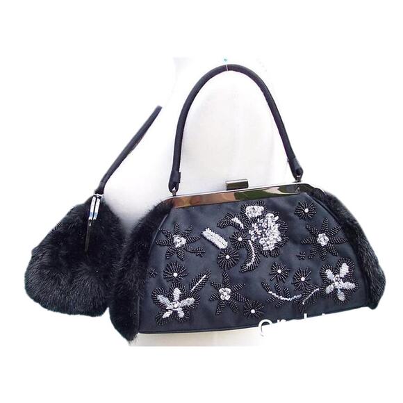 Cache Black Satin Fur Stones Beads Purse Event Elaborate New shoulder NWT $168 - Picture 1 of 9
